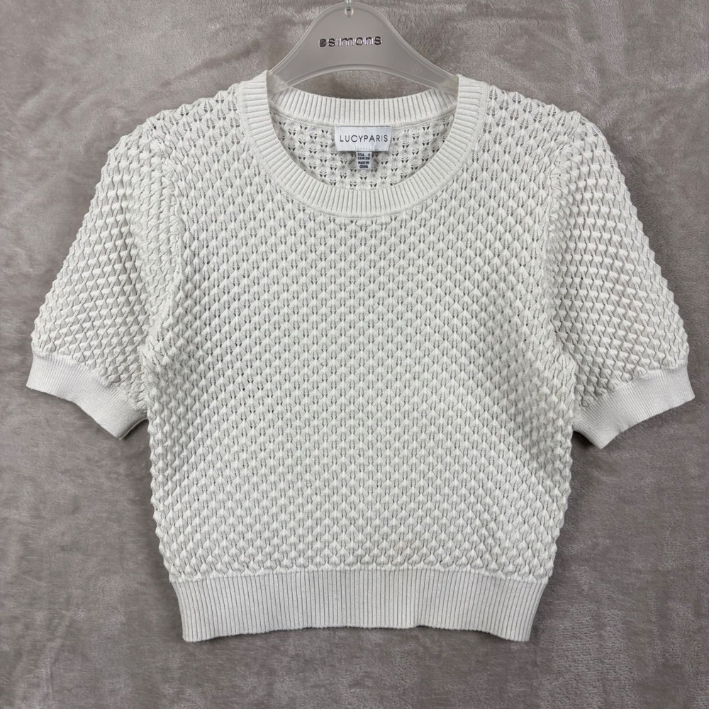 Lucy Paris White Pointelle Popcorn Knit Short Sleeve Sweater Top S Coastal Chic